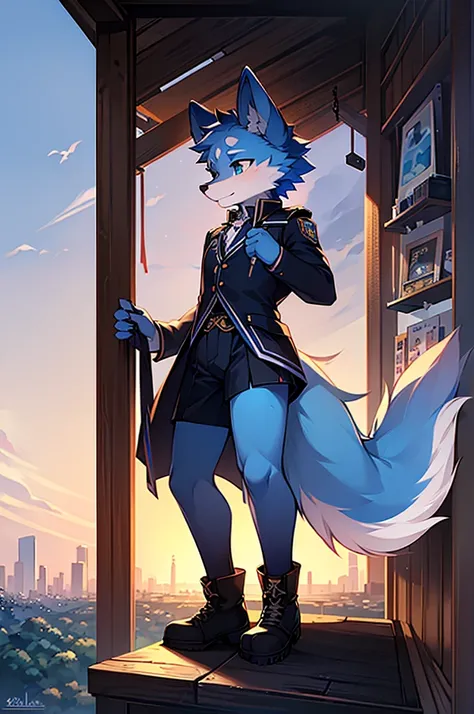 Blue fur, Canine, fox motif, boy, uniform,expensive，One person，Stand up on your own feet，expensive，Cityscape，thin tail，expensive，，Rural Scenery，