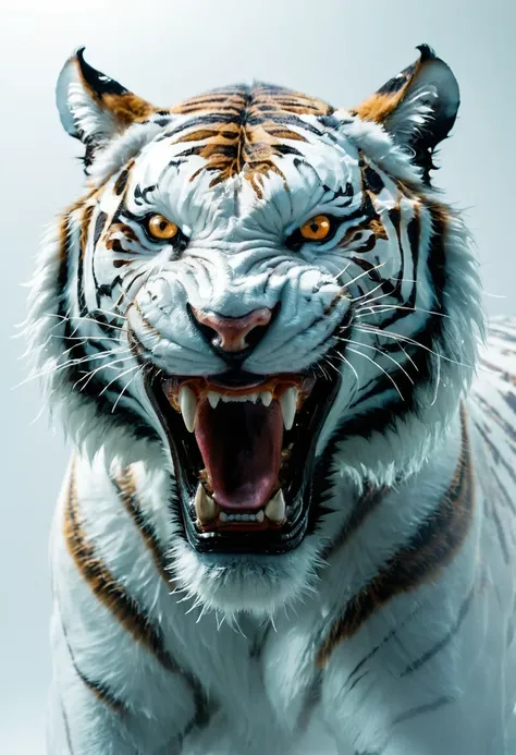 image of an angry tiger with sharp teeth made of transparent white glass, é made of glass transparente, , made of glass, complet...