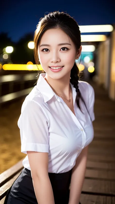 (a gorgeous lady, age 22, Formal Office Lady, white shirt and mini-skirt, natural pose under night sky, dimpled smile, short ponytail, cute snaggletooth, ample round bosom, photorealistic, beautiful detailed eyes, beautiful detailed face, hyper-realism, hi...