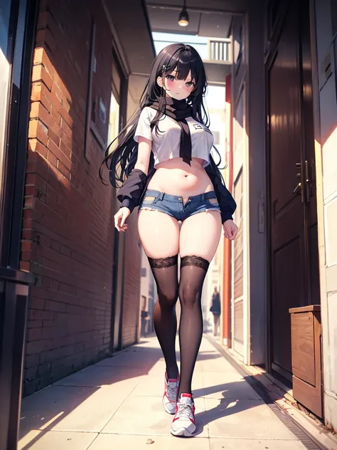 1girl,,legwear,,anklet,black hair,straight_hair,hime cut,long hair,sneakers,huge filesize,scarf，Uniforms，lace,student， breasts,Tight short top，Show your belly button