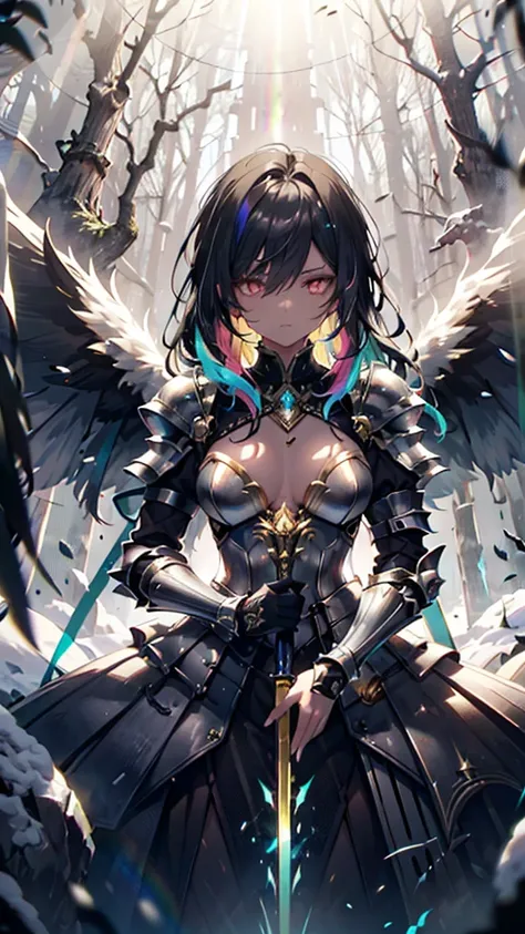 Young demigoddess, long black hair with rainbow highlights, golden eyes, armored dress, battle dress, snowy forest, large single black wing, battle spear in her hand, tanned skin, rainbow hair strands, hair over one side, glowing eyes, volumetric lighting,...