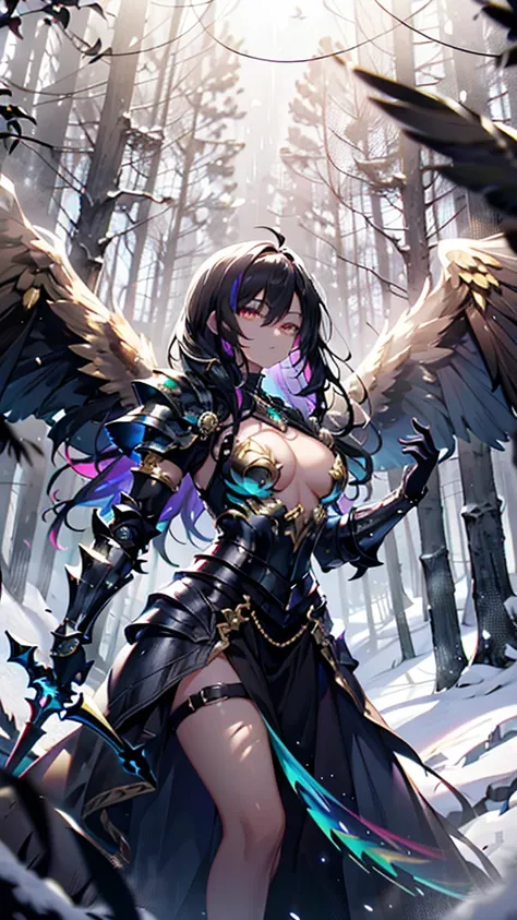 Young demigoddess, long black hair with rainbow highlights, golden eyes, armored dress, battle dress, snowy forest, large single black wing, battle spear in her hand, tanned skin, rainbow hair strands, hair over one side, glowing eyes, volumetric lighting,...