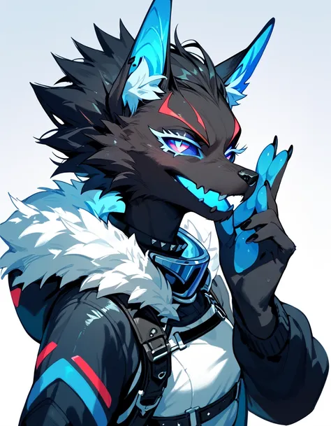 anthro, blue inner ear, black fur, black body, blue sclera