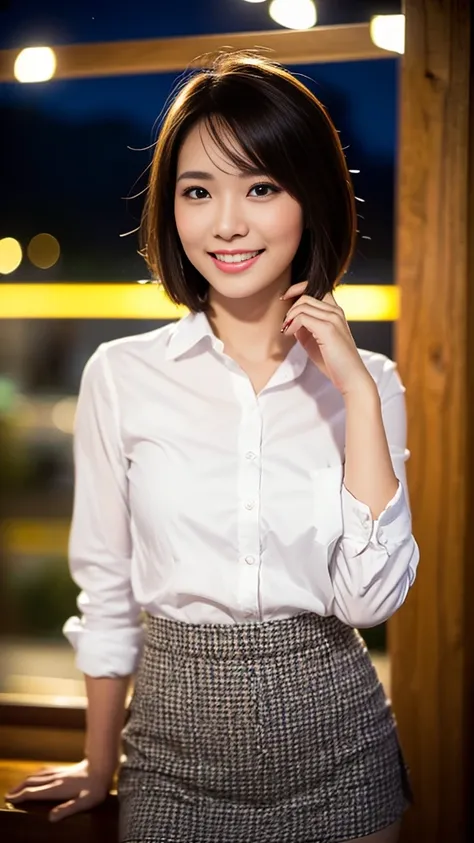 (a gorgeous lady, age 22, Formal Office Lady, white shirt and mini-skirt, natural pose under night sky, dimpled smile, short bob hair, cute snaggletooth, ample round bosom, photorealistic, beautiful detailed eyes, beautiful detailed face, hyper-realism, hi...