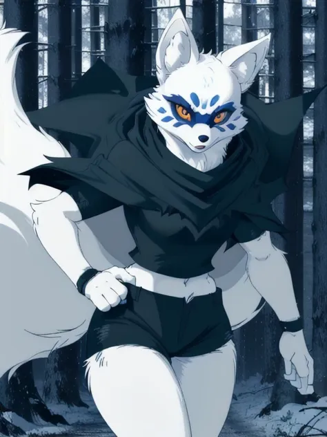 alopex, arctic fox, furry, blue marks face, tmnt, serious look, orange eyes, girl1, solo, park, forest, black cape, black shirt,...