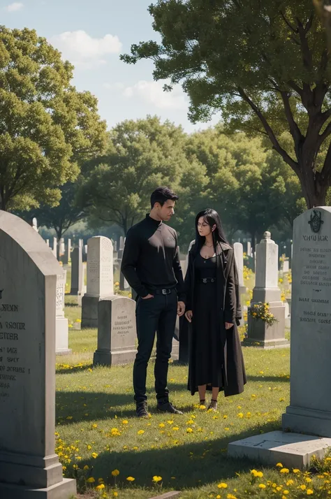 create a hyper realistic image of a tombstone with the name Richy Rogers date 1993 to 2023 some yellow flowers and white.
add a woman and a man side by side, The two of them are on their backs, looking directly at the tombstone.
the woman with black hair d...