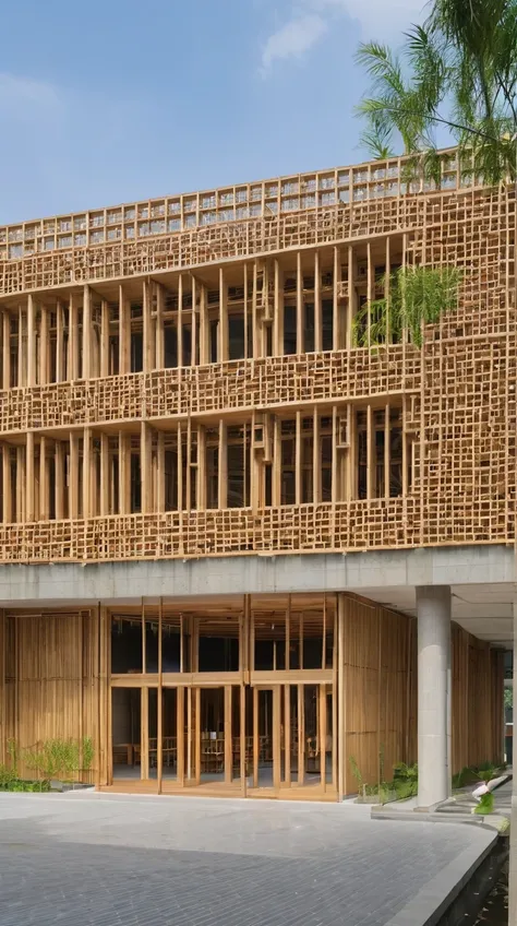 create a cultural center, make it look modern, use bamboo as the main material, parts that are made of reinforced concrete and wood, use of curtain wall, have lattices, hollow brick walls, that has squares and paths with a not so rectangular shape, the ent...