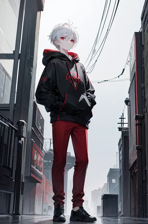 A young man with short white hair, red eyes. Wearing a black hoodie with gray details. He is standing, looking to the side. On a center of a city. Dungeons and Dragons art direction, studio ghibli Style