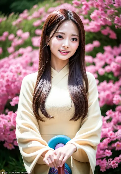 "Depict Tzuyu from Twice gracefully playing the Guzheng, adorned in an elaborate and elegant Hanfu dress. Her attire should flow with intricate, traditional patterns and vibrant colors, reflecting the cultural richness. She is positioned in a serene, ancie...