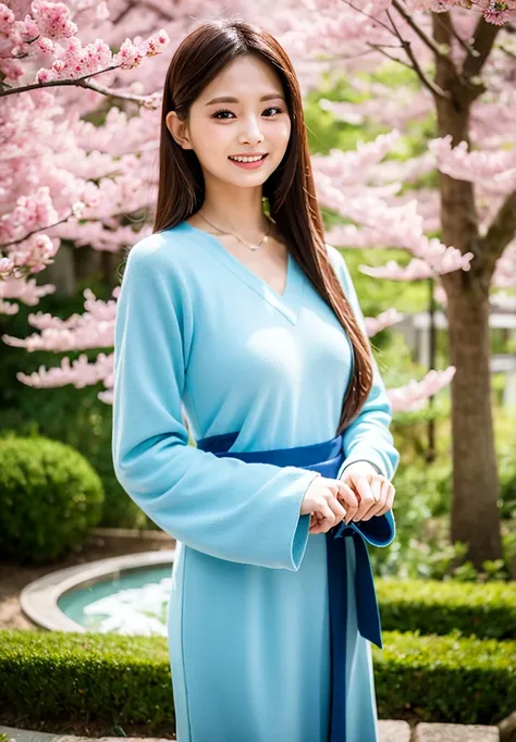 "Depict Tzuyu from Twice gracefully playing the Guzheng, adorned in an elaborate and elegant Hanfu dress. Her attire should flow with intricate, traditional patterns and vibrant colors, reflecting the cultural richness. She is positioned in a serene, ancie...