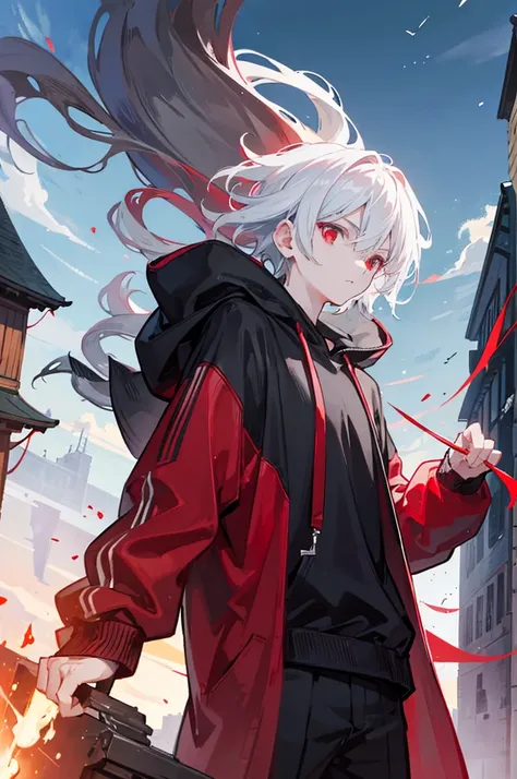 A young man with short white hair, red eyes. Wearing a black hoodie with gray details. He is standing, looking to the side. On a center of a city. Dungeons and Dragons art direction, studio ghibli Style