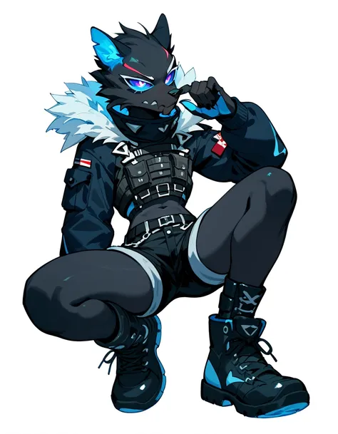 anthro, blue inner ear, black fur, black body, blue sclera, wearing black military top, black short shorts, boots, grinning, sim...