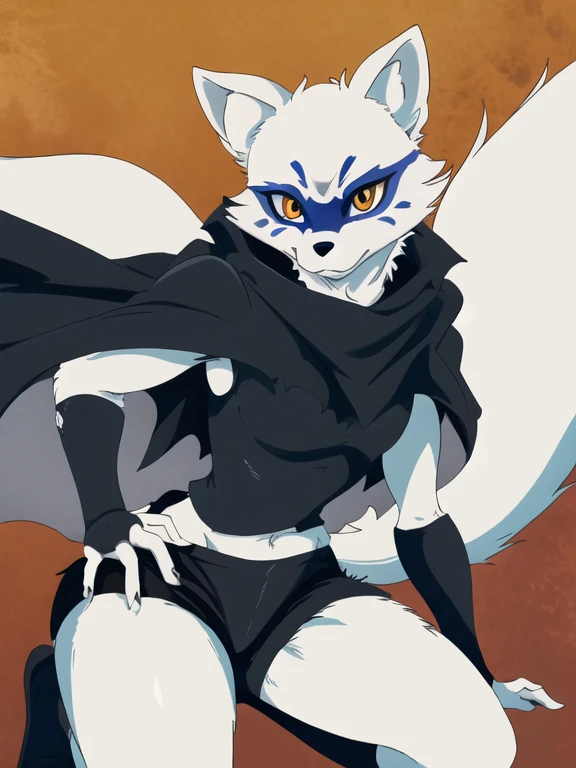 Alopex, arctic fox, furry, blue marks face, tmnt, serious look, orange eyes, girl1, solo, park, black cape, black shirt, black shorts, best quality, masterpiece, 