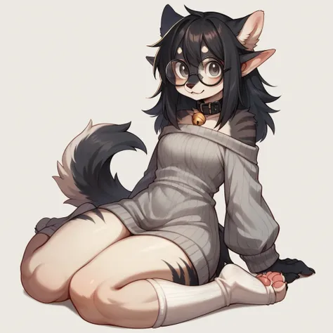 Furry lobo, little wolf, black fur, pointy wolf ears, black ears, Eyes red, detailed artwork, black fur, skin detailed, cute fur, shiny black hair, Round glasses without lenses, Black glasses, gray sweater with black stripes, black blouse with white flaps ...