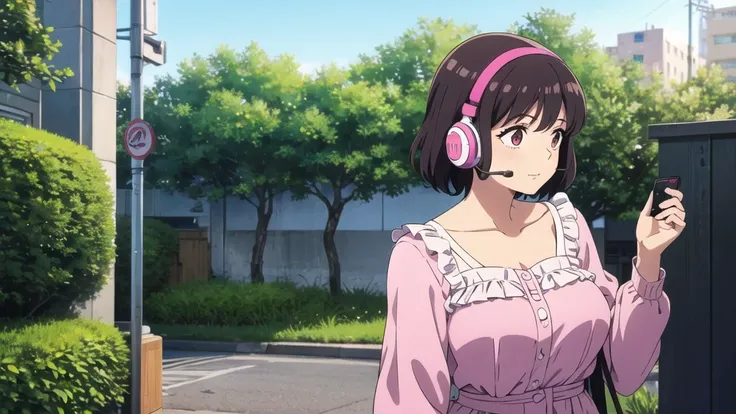 A cute, busty girl in her 20s wearing a frilly, feminine outfit、Listening to music through a headset and holding a Walkman。She is there、A nostalgic 1980s town。