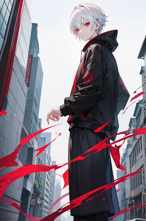 A young man with short white hair, red eyes. Wearing a black hoodie with gray details. He is standing, looking to the side. On a center of a city. Dungeons and Dragons art direction, studio ghibli Style