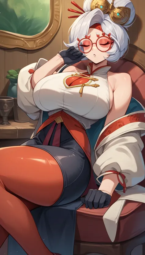 score_9, score_8_up, score_7_up, score_6_up, score_5_up, score_4_up, (source_anime), purah, 1girl, huge breasts, narrow waist, thick thighs, hair ornament, red headband, red glasses, sleeveless shirt, white coat, black skirt, red leggings, gloves, high hee...