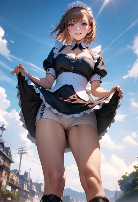 misaka mikoto, 1girl,18yo,brown short hair,perfect hands, perfect finger,perfect anatomy,masterpiece, best quality,realistic, hyperrealistic, 16k hdr, outdoors,blue sky,strong wind,from below,(happy smile),(skirt lift herself:1.5),(show off panty),(sexy ma...