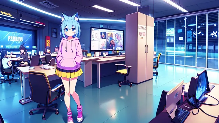 1 beautiful girl, great image quality ,nekomimi, with lots of detail, ray tracing, in a gaming,outfit hoodie, short pleated mini skirt, gamer, long stockings, blue eyes, blue hair long, , in a neon room, PC gaming, perfect anatomy, full body. 