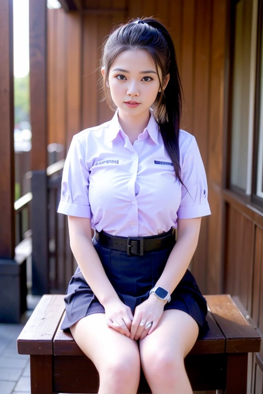 (masterpiece, best quality:1.2), 1girl, (ponytail hair styles),Beautiful girl wearing a , ((thai school uniform)), (posing sitting with legs dangling on the edge of a table, facing the camera, hands crossed behind her back), in a wooden house, morning,  Th...