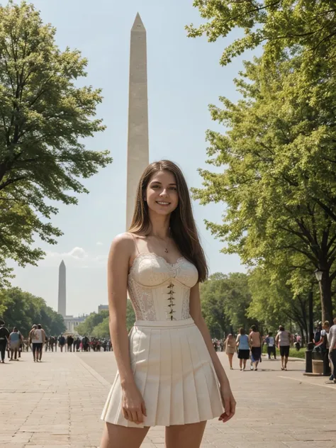 her name is Marie, high quality, 1girl, ((20-year-old fit Caucasian woman)), ((20 years old)), ((fit)), ((pale skin tone)), medium length straight blonde hair , wearing Lace-Up Corset Top + High-Waisted Pleated Skirt, pose: standing, background: Capture th...