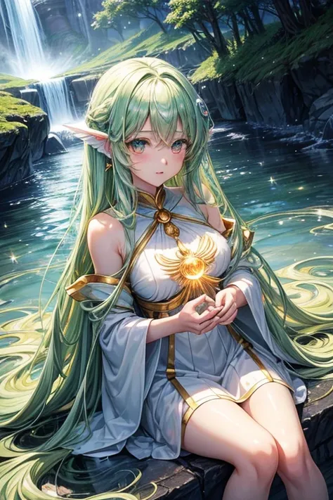 Imagine an anime girl with ethereal beauty, as if it had been sculpted by the same artists who painted the stars in the night sky. Her hair flows like a waterfall of golden threads, capturing sunlight in every strand. His eyes are two bright emeralds, full...