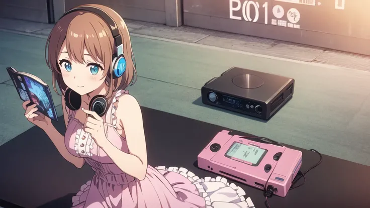 A cute, busty girl in her 20s wearing a frilly, feminine outfit、Listening to music through a headset and holding a Walkman。She is there、A nostalgic 1980s town。Watching the audience。