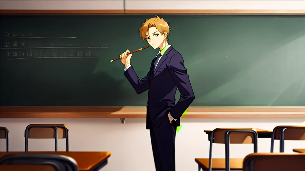 Teacher standing in front of the podium、Chalkboard at the back、Straight face、male、suit、Anime Style