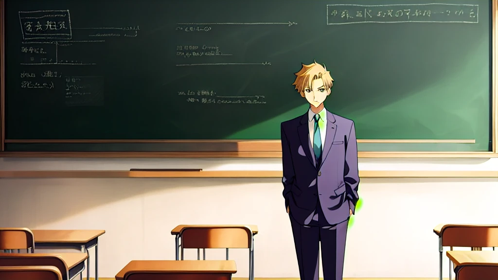 Teacher standing in front of the podium、Chalkboard at the back、Straight face、male、suit、Anime Style