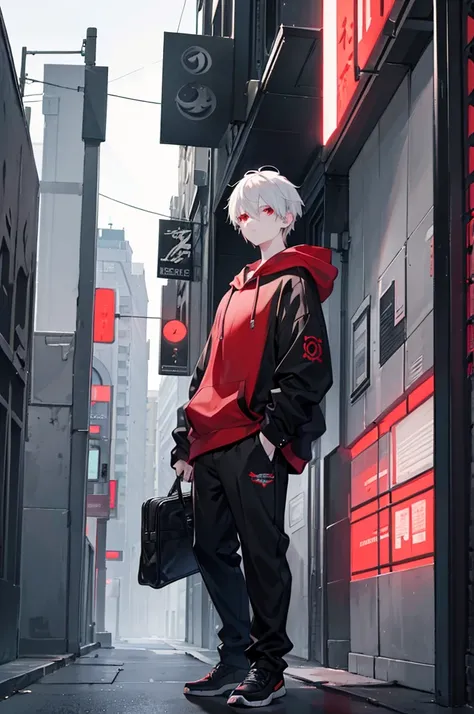 A young man with short white hair, red eyes. Wearing a black hoodie with gray details. He is standing, looking to the side. On a center of a city. Dungeons and Dragons art direction, studio ghibli Style