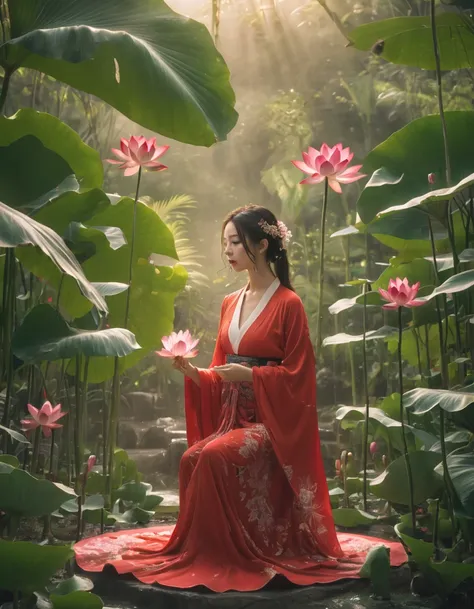 Full-body photo of a courtesan in lotus position，Praying with palms together、Anatomically correct,born, Cinematic shots, (Sharp focus:1.5), (Realistic:1.4), dusk lighting, Volumetric lighting, Ultra-high resolution, 16K,Dramatic lighting, Abstract backgrou...