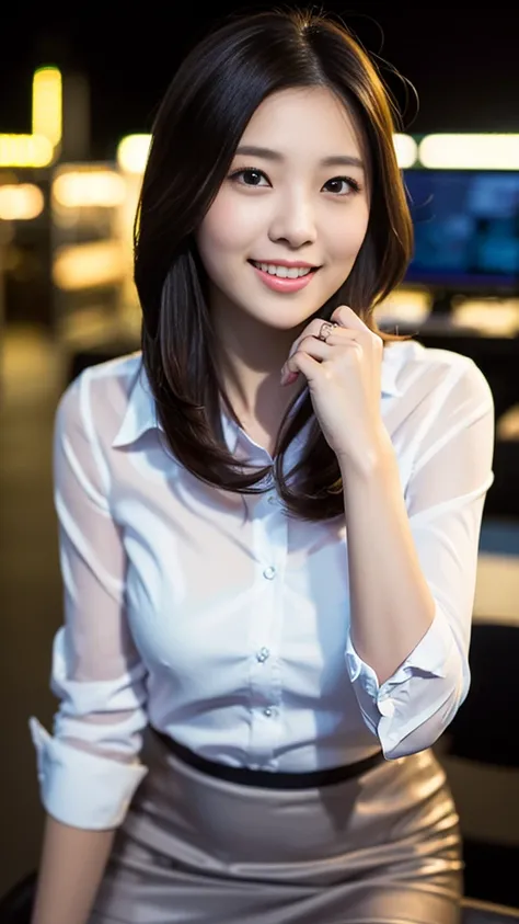 (a gorgeous lady, age 22, Formal Office Lady, white shirt and mini-skirt, natural pose under night sky, dimpled smile, modern korean bob hairstyle, cute snaggletooth, ample round bosom, photorealistic, beautiful detailed eyes, beautiful detailed face, hype...