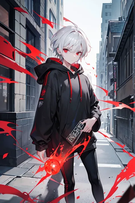 A young man with short white hair, red eyes, masculine face. Wearing a black hoodie with gray details. He is standing, looking to the side. On a center of a city. Dungeons and Dragons art direction, studio ghibli Style