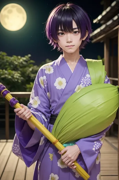 Anime style boy yokai with short green hair but large bangs covering one eye, deep yellow or different youkai a tradicional yukata green and purple holding a chochin obake
