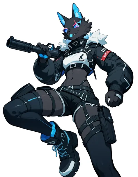 anthro, furry female, blue inner ear, black fur, black body, blue sclera, wearing black military top, black short shorts, boots,...