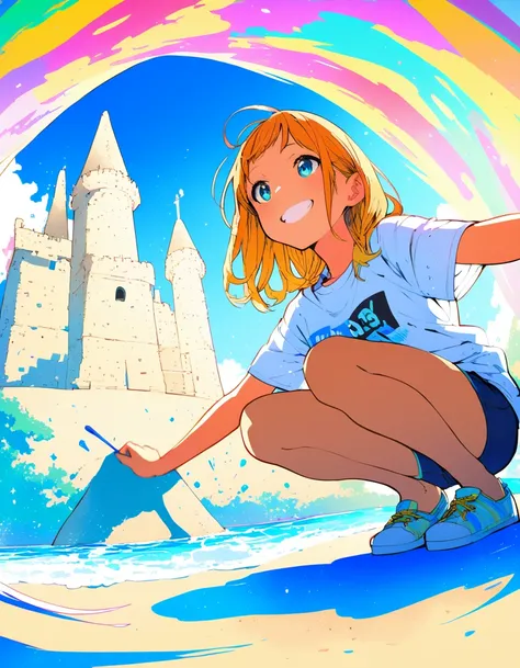 ultra-detailed:1.3, ultra delicate and detailed face:1.3, (absurdres, texture, masterpiece), from below, vibrant colors and pose, pixiv contest winner, by Posuka Demizu, dynamic manga-style illustration of slender girl is making sand castle on the beach in...