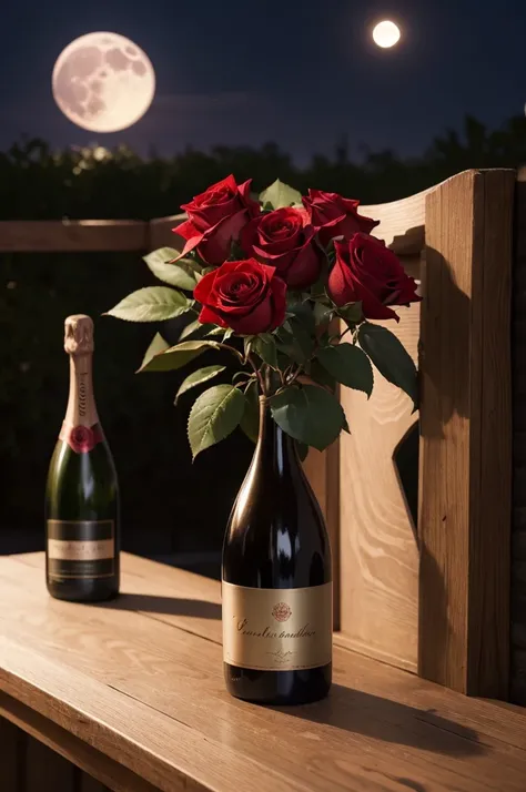 A beautiful and robust velvety red rose with.a bottle of champagne on a mysterious full moon moonlit night