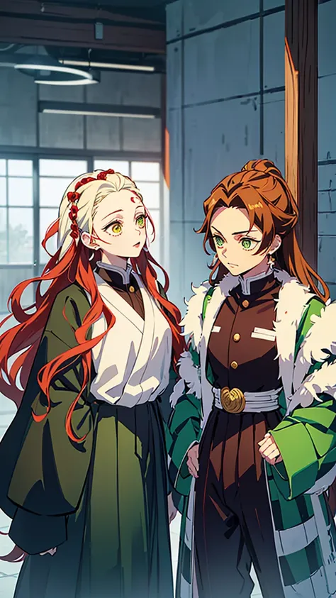 (Best quality:1.3), (a woman:1.1), (green eyes:1.2), (brown long straight hair:1.4) (manga style:1.5) En el estilo de Kimetsu no Yaiba, The girl with long white hair with red streaks and yellow eyes, beautiful and delicate features, in a fighting position ...