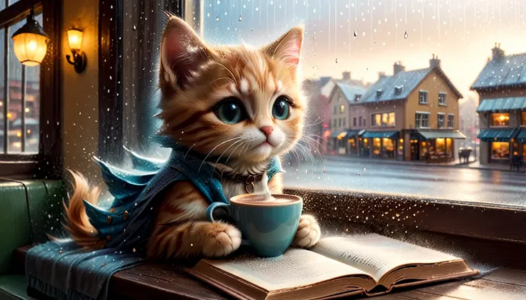 A scene of a cafe with rain falling outside the window, an anthropomorphic kitten is reading a book while drinking hot chocolate on a window seat, the warm light and calm expression are impressive