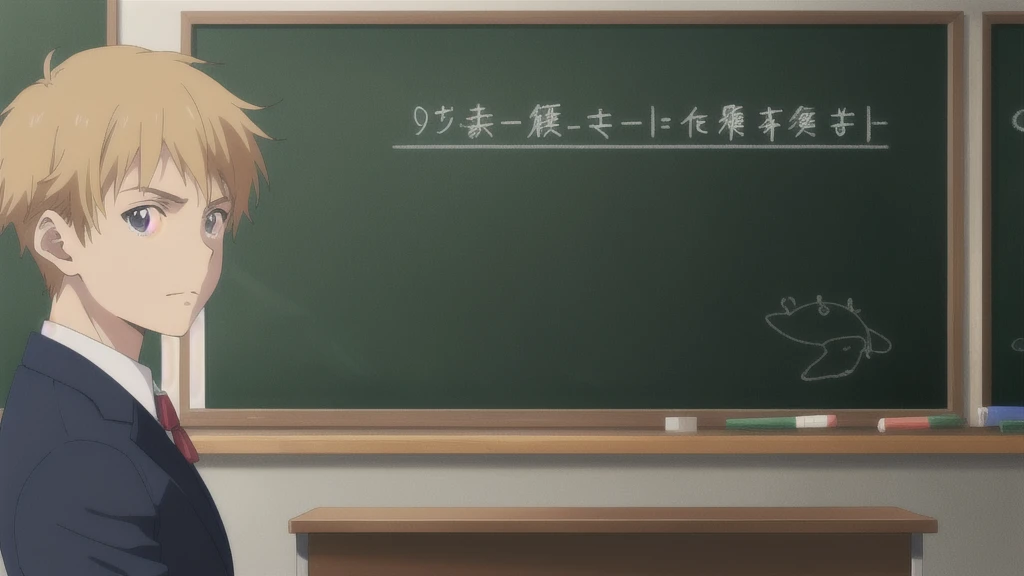 Teacher standing in front of the podium、Chalkboard at the back、Straight face、male、suit、Anime Style、Close-up of face