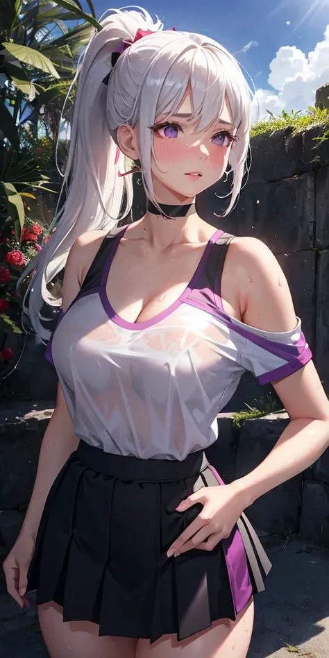 realistic, 1girl, ponytail, parted lips, blush, makeup, light smile, white hair, sportswear, skirt, wet clothes, glow, thighs, purple eye, bare shoulders, collarbone, narrow waist, sunbeam, sunlight, rose, wind, cleavage, (masterpiece), sweat,