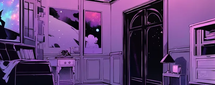 A room that resembles a bedroom. It has a window at the bottom that gives a view of a galaxy. On one side are several books. The other sides are practically a quarter. There are some posters of demon silhouettes. The default color of the room is purple. Th...