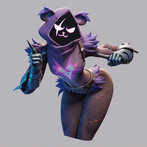 Raven team leader,purple hoodie, with no face, shadowed face, animal ears,purple skin, scar on eye, body skin, purple fur, waist belt, torso symbol, metal gloves, pointing your ass at the viewer, leaning forward, pushing, she closes her eyes, hands resting...