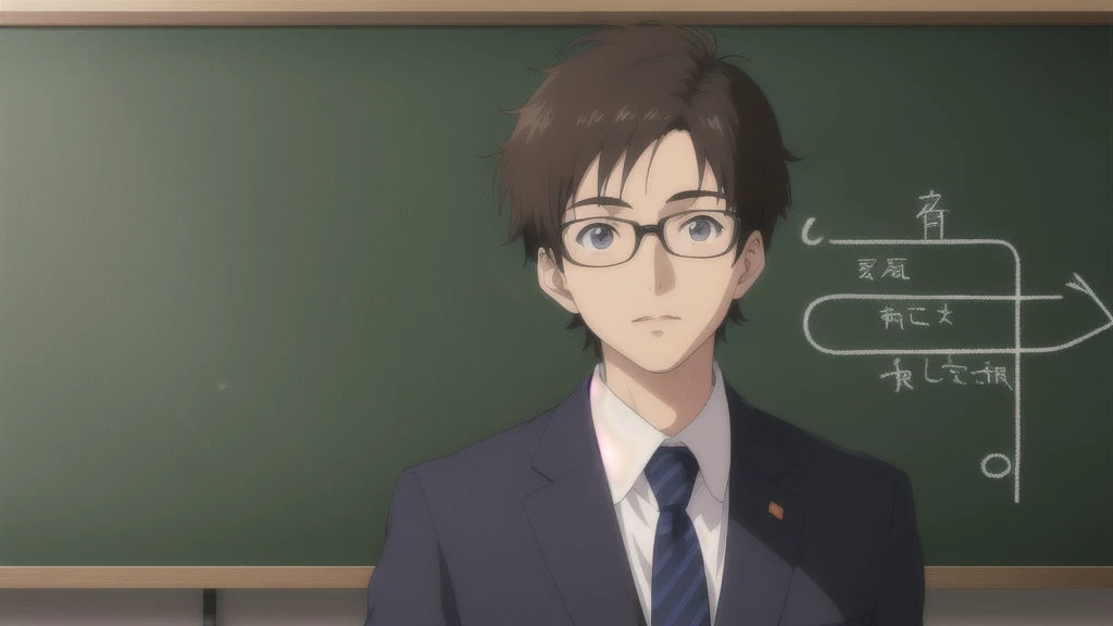 Teacher standing in front of the podium、Chalkboard at the back、male、suit、Anime Style、Close-up of face