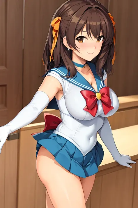 masterpiece, high definition, best quality, rendered art, well formed hands, fingers and body, 1 woman, solo, Haruhi Suzumiya, hair ribbon, adult, grown up, wearing Sailor Moons outfit, big breasted, cleavage, full body, sexy sailor senshi uniform, short b...