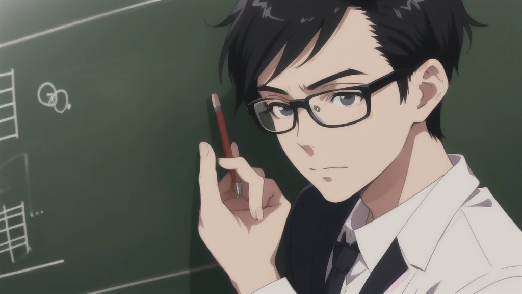 Teacher standing in front of the podium、Chalkboard at the back、Straight face、male、suit、Anime Style、Close-up of face、Black Hair、Glasses