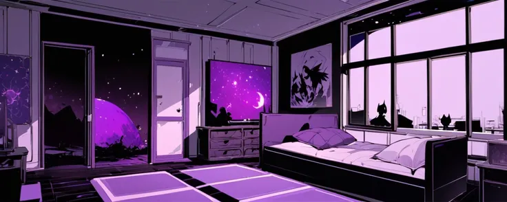 A room that resembles a bedroom. It has a window at the bottom that gives a view of a galaxy. On one side are several books. The other sides are practically a quarter. There are some posters of demon silhouettes. The default color of the room is purple. Th...