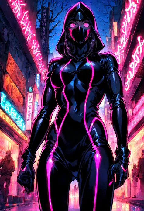 Neon, (Girl dressed in a dark black ninja suit with a hood.), Leather suit, suit that emanates bright pink light, bright pink eyes, very detailed eyes, by white, perfect anatomy, (Japanese cherry trees in the background), The trees have luminous leaves and...