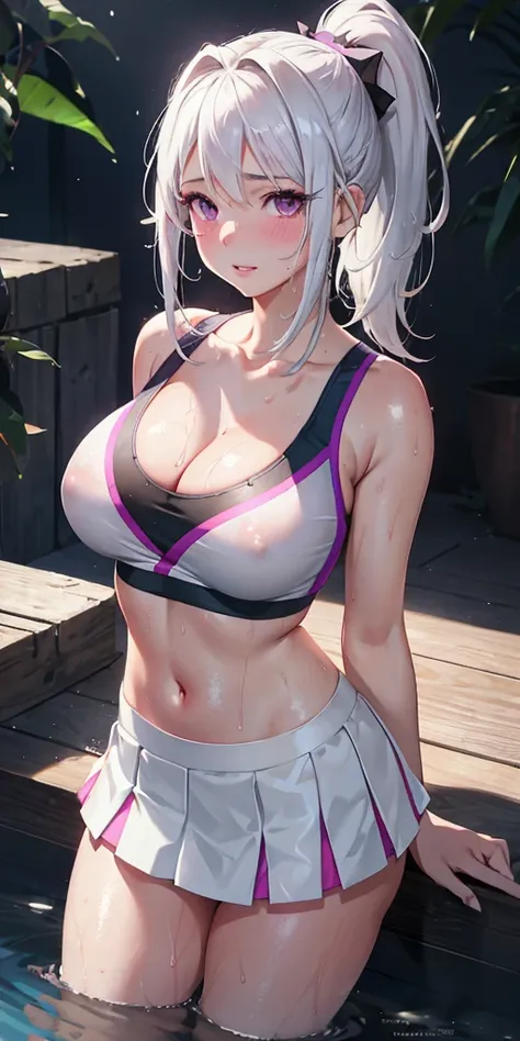 realistic, 1girl, ponytail, parted lips, blush, makeup, light smile, white hair, sportswear, skirt, wet clothes, glow, thighs, purple eye, bare shoulders, collarbone, narrow waist, sunbeam, sunlight, rose, wind, cleavage, (masterpiece), sweat,