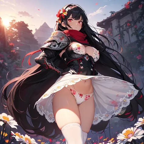 Superflat, Flat Shading, Flat Color, close, Low Angle, Wide-angle, One Girl， 19 years old, Female Adventurer, long braided black hair, Red Scarf, Black Heavy metal armor, (huge breasts:1.4, (White floral panties:1.4), black gloves,  Standing in a flowery m...